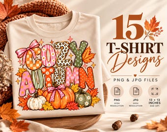 15 höstliga t-shirtdesigner, pumpa, löv, rosetter, bokstäver (digital nedladdning)