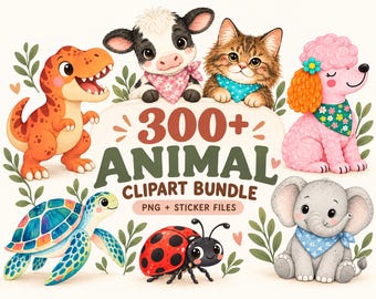 300+ Djur Clipart-paket, Safari, Bondgård, Hav, Dinosaurie, Katt, Hund, Fågel (Digital Nedladdning)