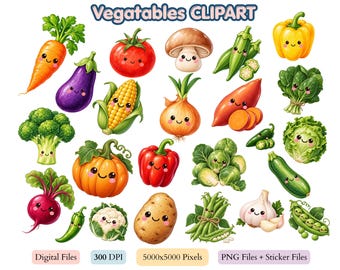 Kawaii Vegetable Clipart Bundle, Watercolor PNG Stickers (Digital Download)