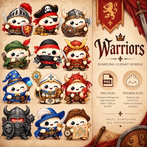 May include: A digital clipart bundle featuring twelve cartoon dumplings dressed as various warriors, including a knight, pirate, viking, archer, ninja, samurai, wizard, cleric, dragon rider, dark knight, explorer, and adventurer, with text.