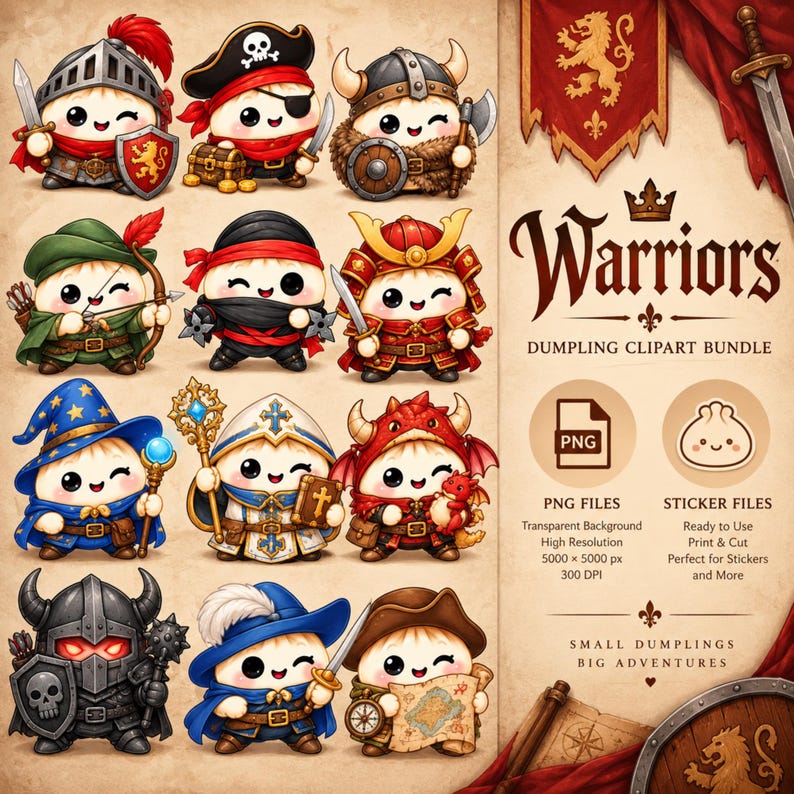May include: A digital clipart bundle featuring twelve cartoon dumplings dressed as various warriors, including a knight, pirate, viking, archer, ninja, samurai, wizard, cleric, dragon rider, dark knight, explorer, and adventurer, with text.