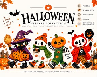 Halloween Clipart-paket, kusliga karaktärer, klistermärken, affischer (digital nedladdning)