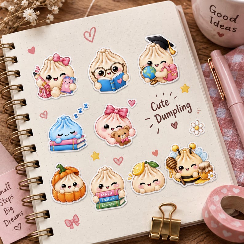 May include: A spiral-bound notebook featuring various stickers of cartoon dumplings in different activities, including reading, sleeping, and wearing a graduation cap. The text Cute Dumpling is printed in the center, surrounded by small hearts and stars.