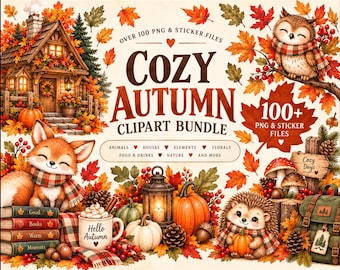 Cozy Autumn Clipart Bundle, Woodland Animals, Pumpkins, Leaves (Digital Download)