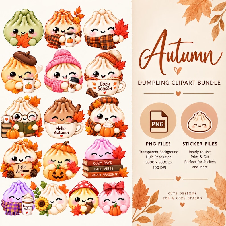 May include: A digital collection of autumn-themed dumpling illustrations featuring various characters with fall accessories like pumpkins, scarves, and leaves. The text reads Autumn DUMPLING CLIPART BUNDLE, PNG FILES, STICKER FILES, and CUTE DESIGNS FOR A COZY SEASON.