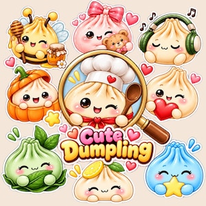 May include: A collection of cartoon dumpling stickers featuring various characters, including a bee, a chef with a magnifying glass, a pumpkin, and one with headphones. The text Cute Dumpling is displayed in large, rounded, yellow and pink letters.