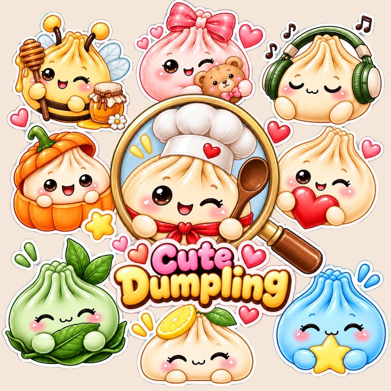 May include: A collection of cartoon dumpling stickers featuring various characters, including a bee, a chef with a magnifying glass, a pumpkin, and one with headphones. The text Cute Dumpling is displayed in large, rounded, yellow and pink letters.