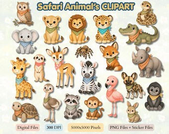 Safari djur clipart-paket, djungeldjur PNG, äventyrsklistermärken (digital nedladdning)