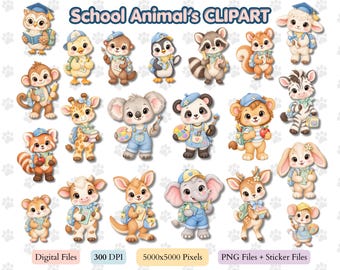 Skoldjur Clipart-paket, elevdjur PNG, Tillbaka till skolan-klistermärken (digital nedladdning)