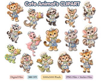 Clipart-paket med cafédjur, barista-klistermärken i PNG-format (digital nedladdning)