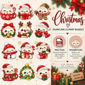 May include: A digital Christmas dumpling clipart bundle featuring twelve illustrations of smiling dumplings in festive attire, including Santa hats, scarves, and holiday gifts, alongside text reading Christmas DUMPLING CLIPART BUNDLE.