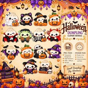 May include: A digital Halloween dumpling clipart bundle featuring various cute dumpling characters in costumes like ghosts, witches, vampires, and pumpkins. The image includes text reading Halloween DUMPLING CLIPART BUNDLE, PNG FILES, STICKER FILES, and Small Dumplings Big Adventures.