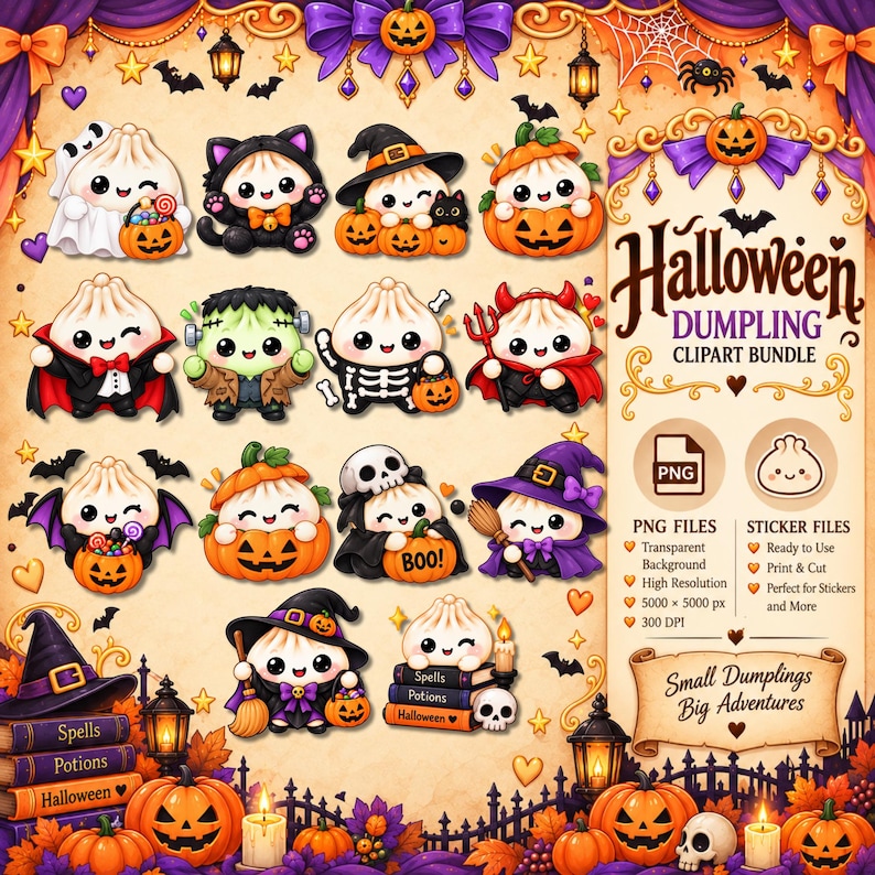 May include: A digital Halloween dumpling clipart bundle featuring various cute dumpling characters in costumes like ghosts, witches, vampires, and pumpkins. The image includes text reading Halloween DUMPLING CLIPART BUNDLE, PNG FILES, STICKER FILES, and Small Dumplings Big Adventures.