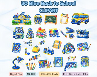 Blå skolmaterial Clipart-paket, klassrums-PNG-klistermärkesfiler (digital nedladdning)