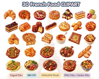 French Cuisine Clipart Bundle, 30 PNG Food Illustrations, Stickers, Posters (Digital Download)