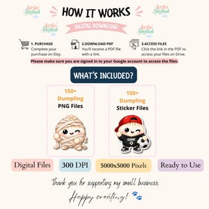 May include: An instructional graphic titled HOW IT WORKS detailing a digital download process. It includes steps for purchase, PDF download, and Google Drive access. The image features two dumpling illustrations and lists 150+ PNG and sticker files.