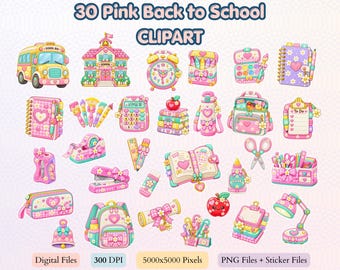 30 rosa kawaii skolclipartpaket, studentmaterial, klistermärken (digital nedladdning)