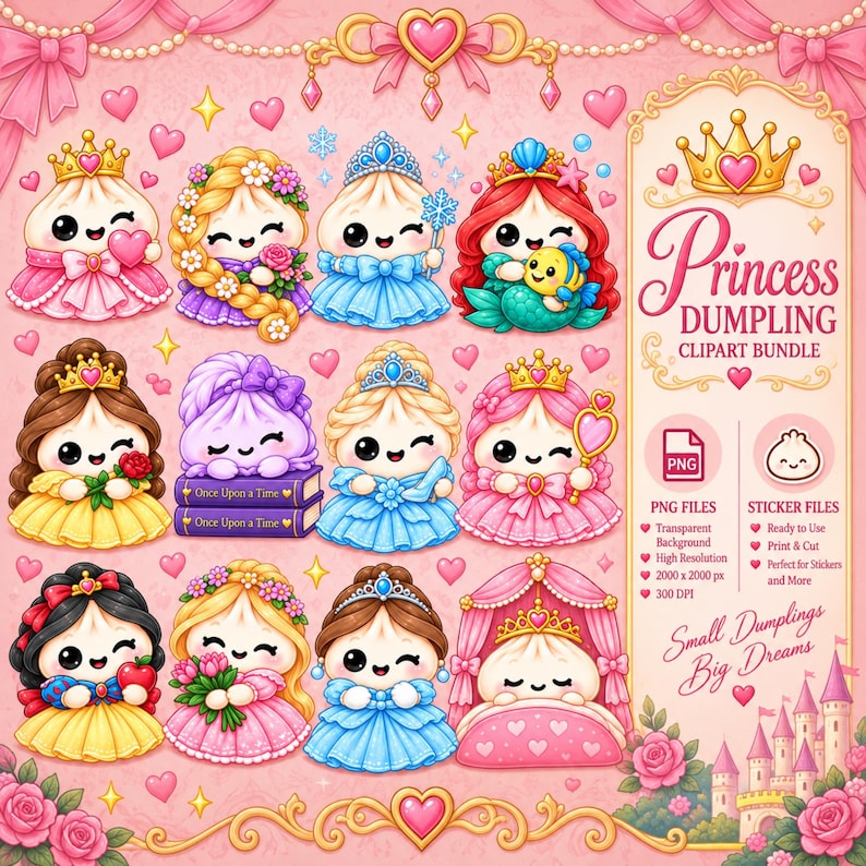 May include: A digital clipart bundle featuring twelve cartoon dumplings dressed as princesses with various accessories like crowns, flowers, and books. The text reads Princess Dumpling Clipart Bundle, PNG Files, Sticker Files, and Small Dumplings Big Dreams.