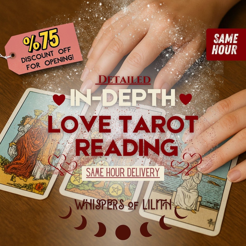 Op de afbeelding: Een advertentie voor een liefdestarotlezing. De afbeelding toont de tekst "Gedetailleerde, diepgaande liefdestarotlezing" en "Levering dezelfde dag". Een label toont "75% korting voor opening!" met tarotkaarten en handen.