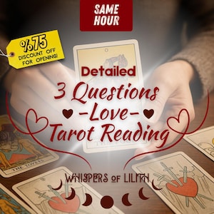 May include: An image promoting a tarot reading service. The image features a tarot card with the words "Detailed 3 Questions -Love- Tarot Reading." A yellow tag says "75% DISCOUNT OFF FOR OPENING!" and a red banner says "SAME HOUR."