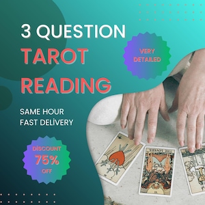 Könnte beinhalten: Werbung für einen Tarot-Leseservice. Das Bild zeigt den Text "3 QUESTION TAROT READING" in Weiß und Rot. Die Worte "SAME HOUR FAST DELIVERY" sind ebenfalls sichtbar. Drei Tarotkarten werden angezeigt, mit Händen im Hintergrund. Ein Rabatt von 75 % wird beworben.