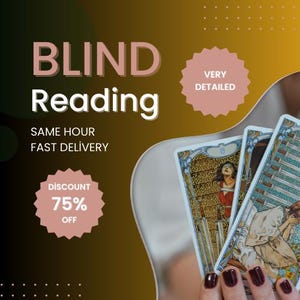 May include: Image promoting a blind reading service. The text "BLIND Reading" is displayed prominently, with additional text indicating "SAME HOUR FAST DELIVERY" and a "75% OFF" discount. Tarot cards are held in the foreground.