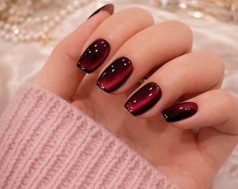 Unhas postiças olho de gato vermelhas e pretas, conjunto reutilizável com acabamento brilhante bordô, unhas reutilizáveis feitas à mão para ela.