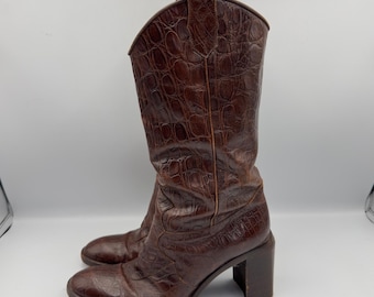 Joan & David Couture Brown Crocodile Embossed Leather Western Boots Italy 6.5M