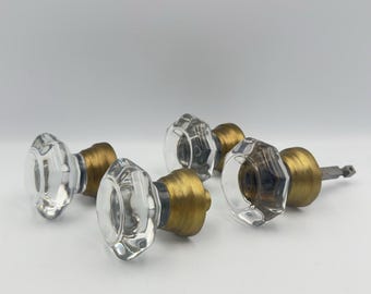 Antique Lot Of 4 Glass Door Knobs 8-sided Heavy Brass
