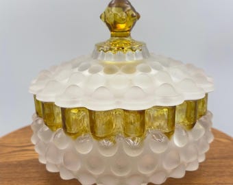 Antique Hobbs Brockunier Frances Ware Hobnail Tautropfen Schüssel Deckel Bernstein Gelb