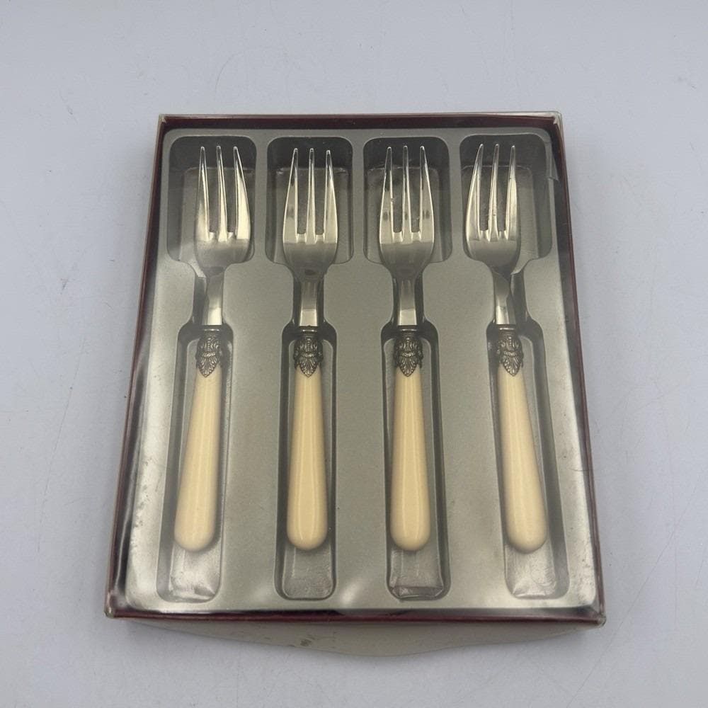 Lot De 4 Fourchettes à Gâteau Vintage – Bois Et Métal Doré – Sans Marque