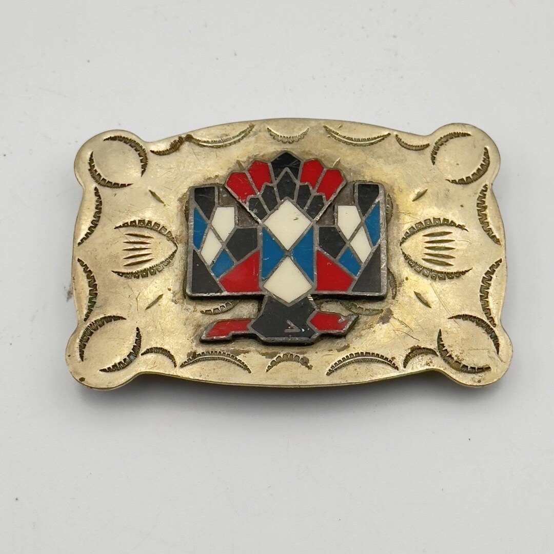 Vintage Nickel Silver Stone Inlaid Thunderbird Belt Buckle  display picture 3