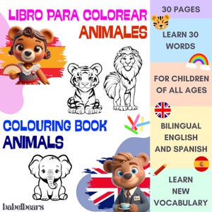 Bilingual Animals Colouring Pages | English and Spanish | For Kids | Printable | Digital Colouring Book