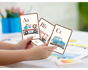 Watercolor Vehicle Alphabet Flashcards: ABC Learning (PDF & PNG)