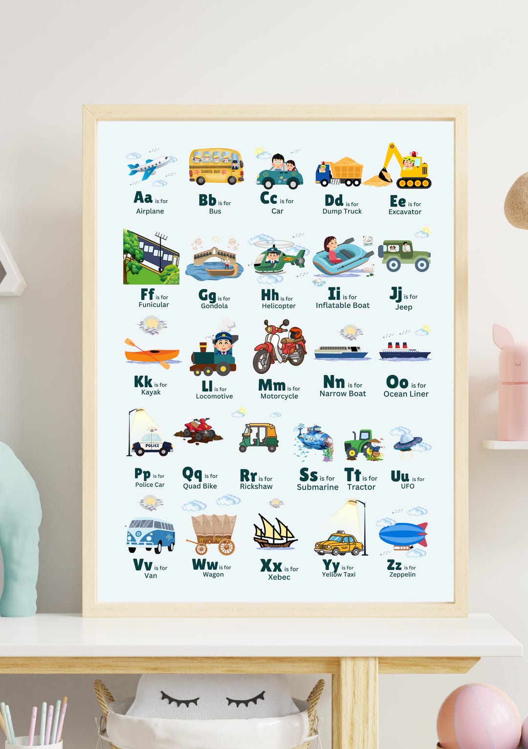 乗り物アルファベットポスター：A-Z乗り物保育園アート（デジタル