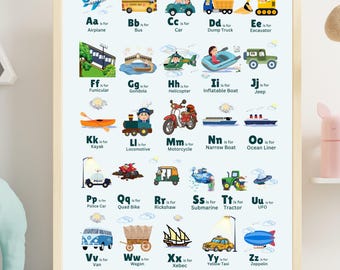 Pôster do alfabeto de veículos: Arte de berçário de transporte de A a Z (download digital)