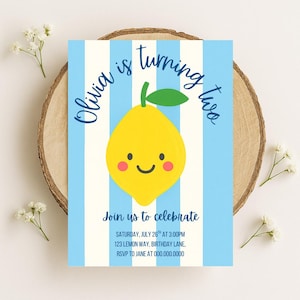 Invitation d'anniversaire de citron mignon modifiable | Agrumes souriants | Invitation fête d'été pour enfants | Téléchargement numérique