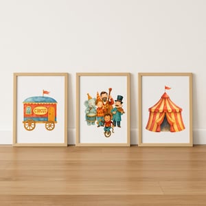 Juego de 3 láminas de circo para habitación infantil, póster imprimible de circo para habitación de bebé, decoración de habitación con temática de circo, descarga digital de láminas de circo de animales.