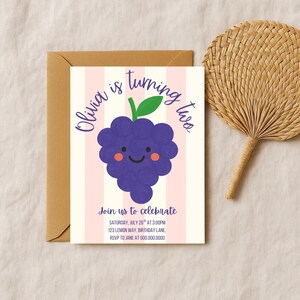 Invitation d'anniversaire modifiable de raisins mignons | Raisins souriants | Invitation fête d'été pour enfants | Téléchargement numérique