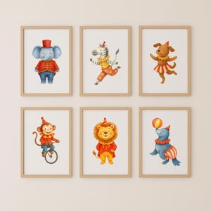 Set di 6 stampe da parete a tema circo per la cameretta dei bambini, poster da parete stampabile a tema circo per la cameretta dei bambini, decorazioni per camerette a tema circo, stampe da parete con download digitale, circo con animali
