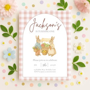 Invito di compleanno a forma di coniglietto - Modello modificabile / Invito per feste stampabile / Peter Rabbit Rosa