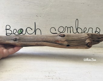 Beach Combers wire words with sea glass on driftwood beach decor art