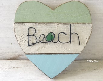 Wire word “Beach” with sea glass plank heart beachy wall art