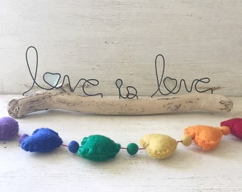 Love is Love sea glass and driftwood sculpture beach decor LGBTQ