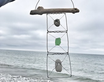 Sea glass hole stone hag stone driftwood  wire mobile beach art decor