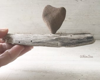 Heart stone and driftwood sculpture natural art decor