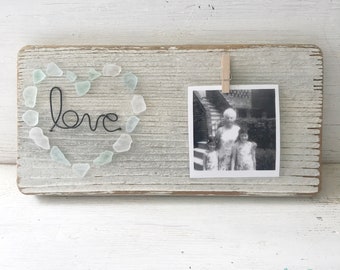 Wire word love with sea glass heart on reclaimed wood Picture holder photo holder