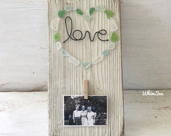 Wire word “love” with sea glass heart picture holder on reclaimed rustic wood