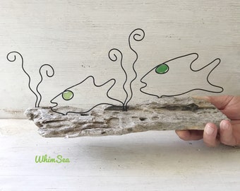 Wire and sea glass fish on driftwood beach art decor ocean art