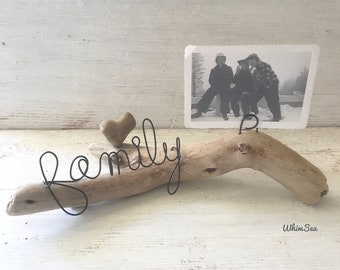 Wire word Family picture holder with heart stone on driftwood beachy